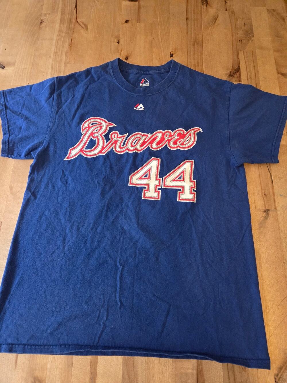 Vtg Majestic Atlanta Braves Hank Aaron 44 Size M Blue Back Graphic Excellent